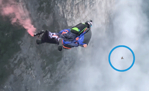 惊险!翼装飞行赛选手与小鸟擦肩而过