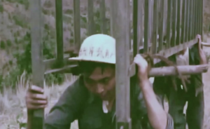 為在山頂上架高壓輸電塔，鐵道兵人工搬運水泥和鋼架