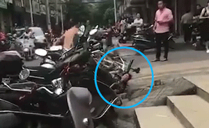 南寧一赤膊男子酒后當街踹打陌生女子，路人上前勸阻被扔磚頭